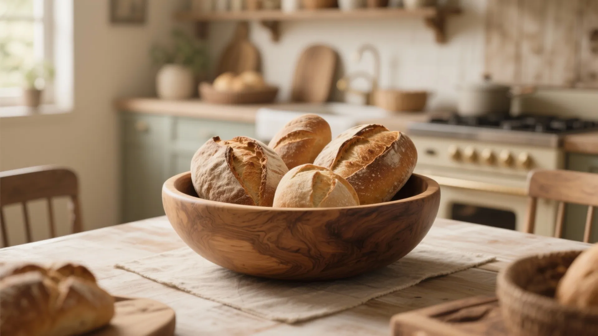 Freshly baked bread in a round wooden bowl on a table in a rustic kitchen
