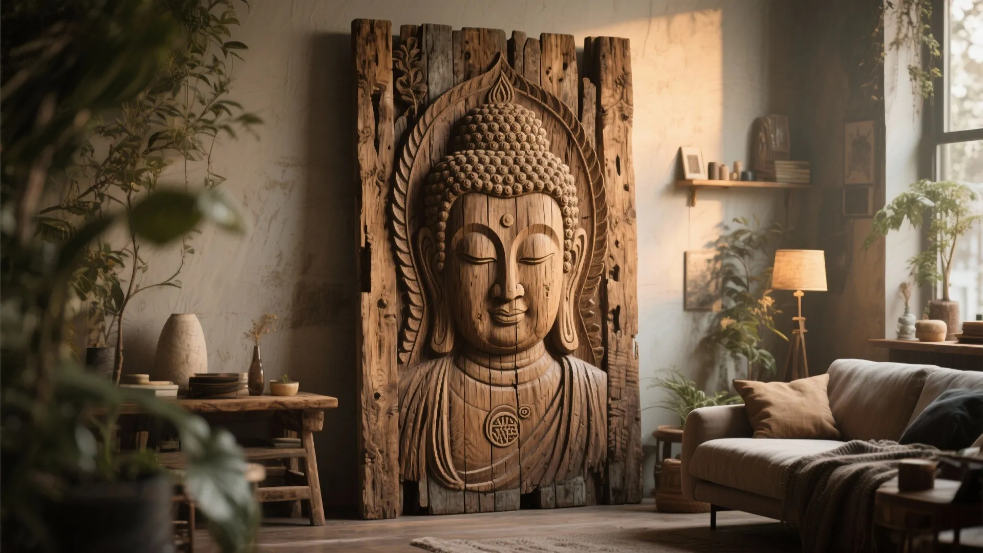 Wooden Carved Buddha Panel