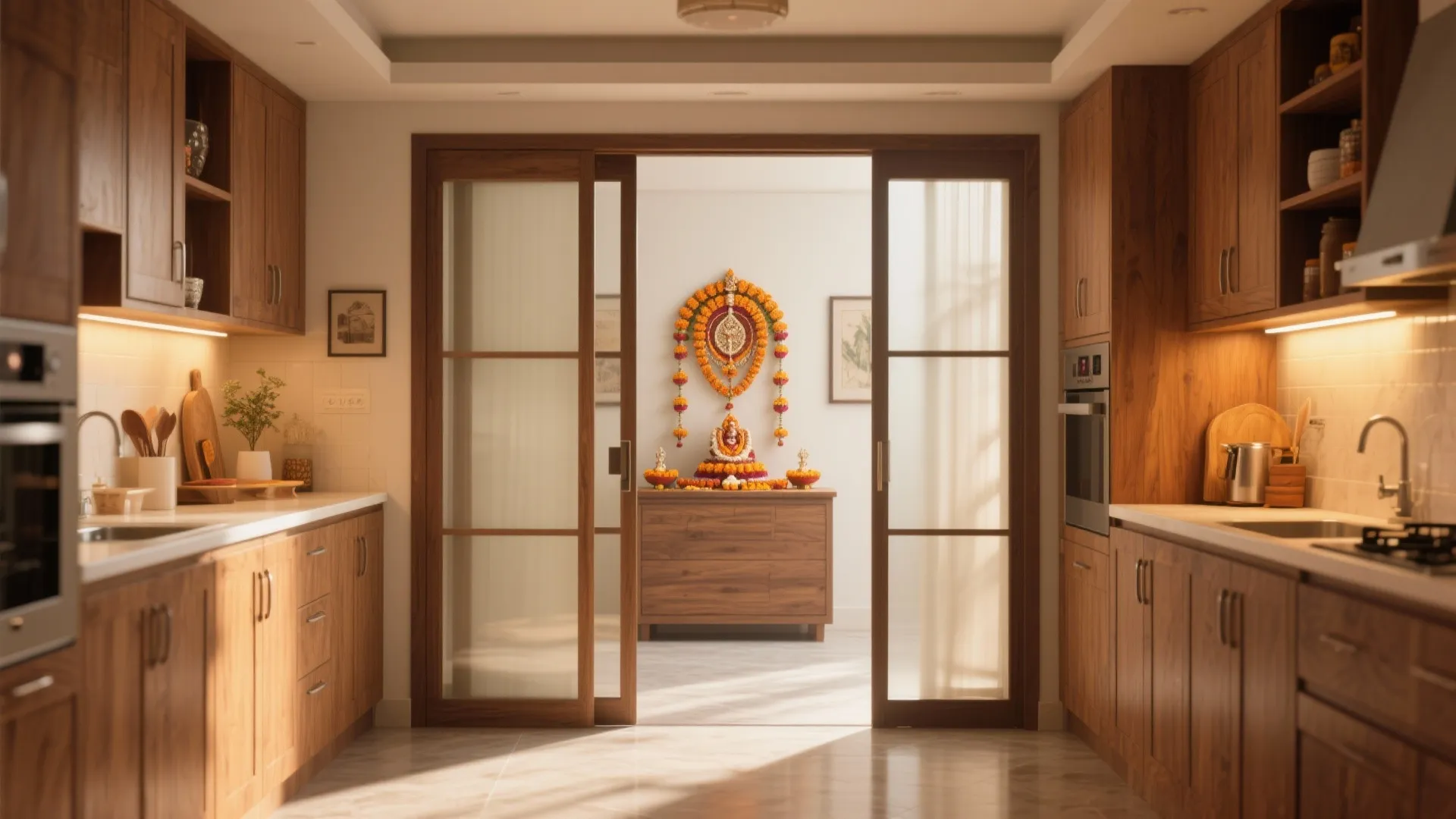 Wooden cabinet altar with sliding doors