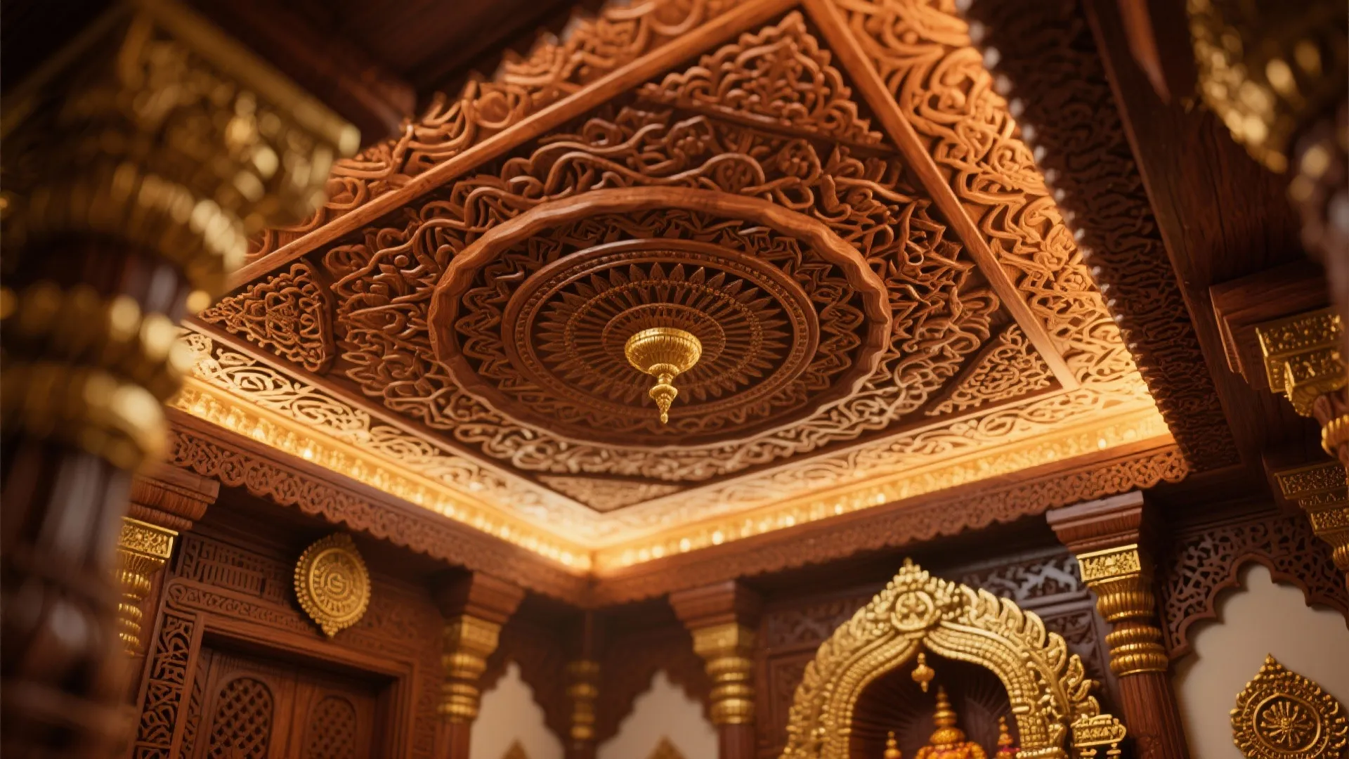 Close up of an intricately carved wood ceiling with warm hidden lighting and gold decorative details