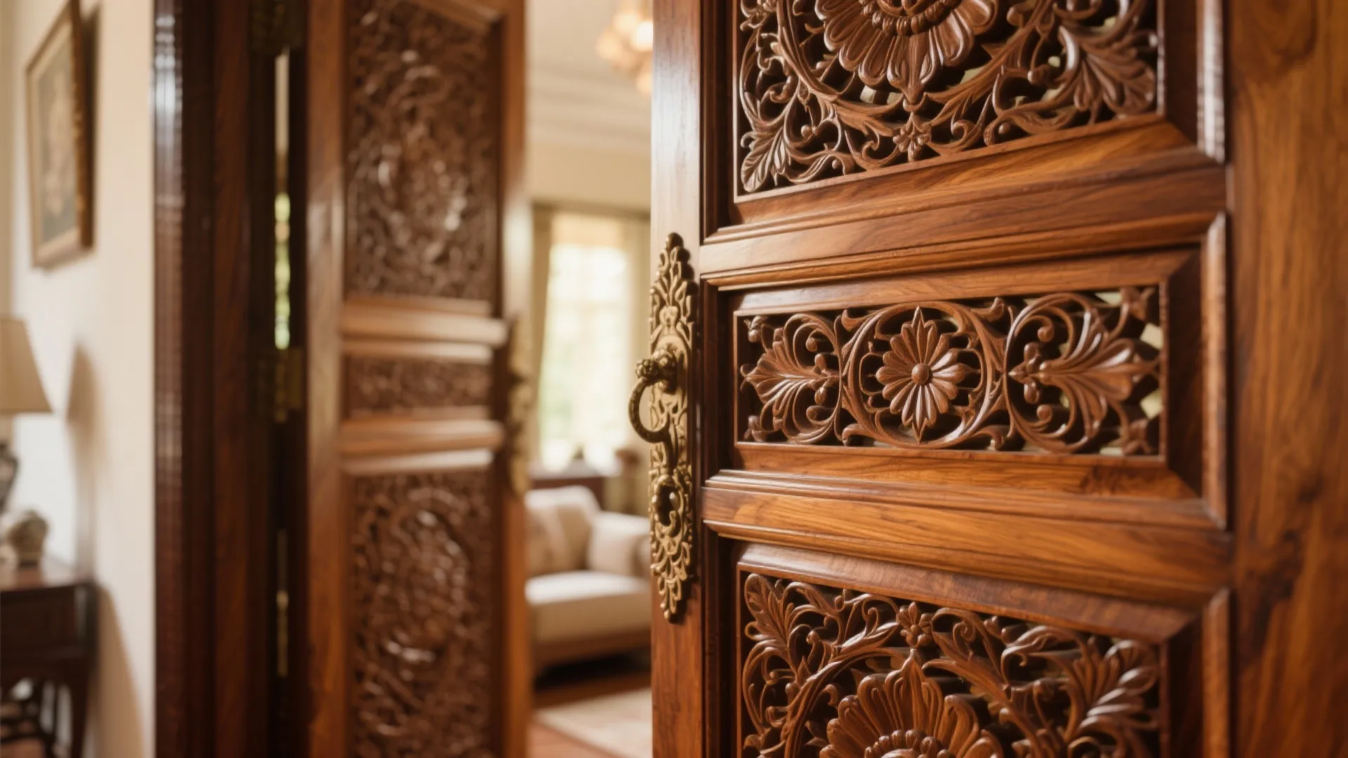 Traditional wooden door with detailed flower carvings and a gold handle leading into a room