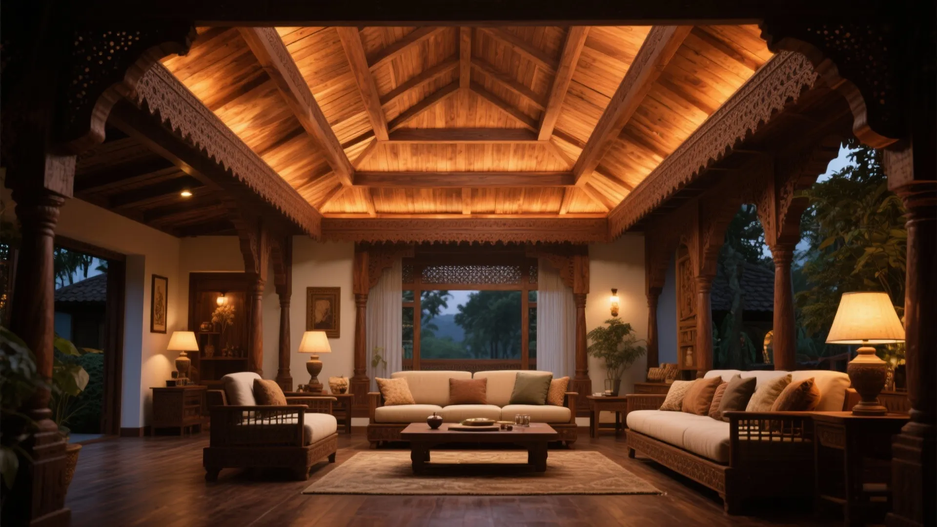 5. Wooden Ceiling and Warm Lighting