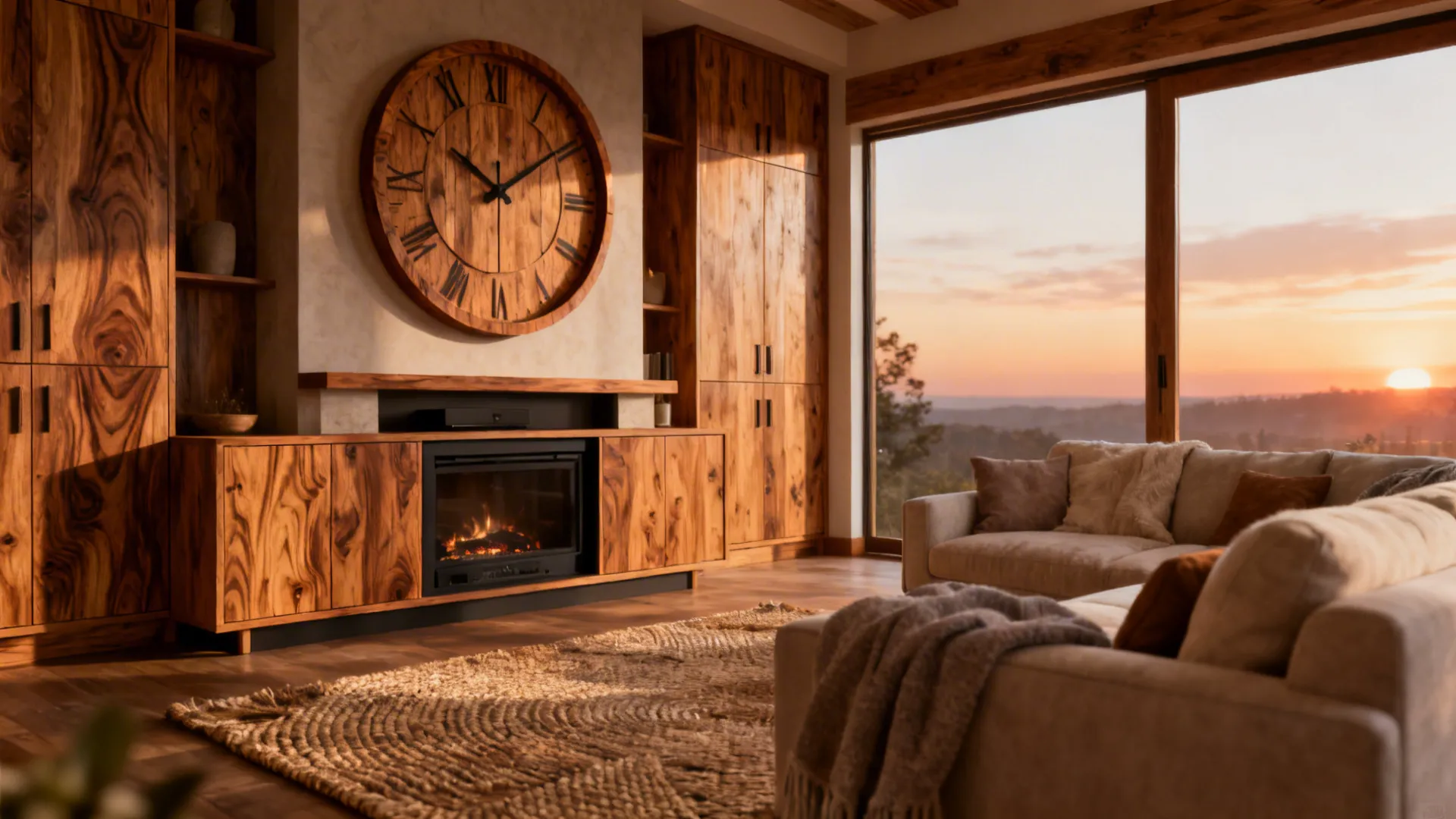 Rustic living room with large wooden wall clock above a fireplace and sunset window view