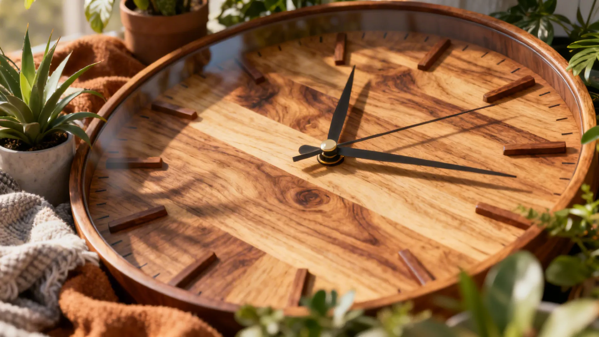 Close-up of an oversized wooden clock face with warm wood grain beside plants