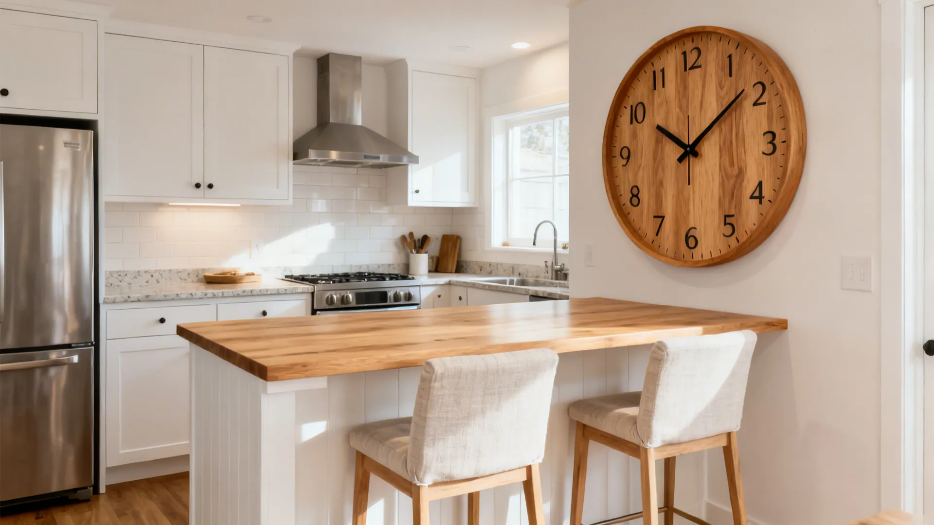 Oversized oak wall clock warming a white-and-stainless small kitchen above a breakfast bar.