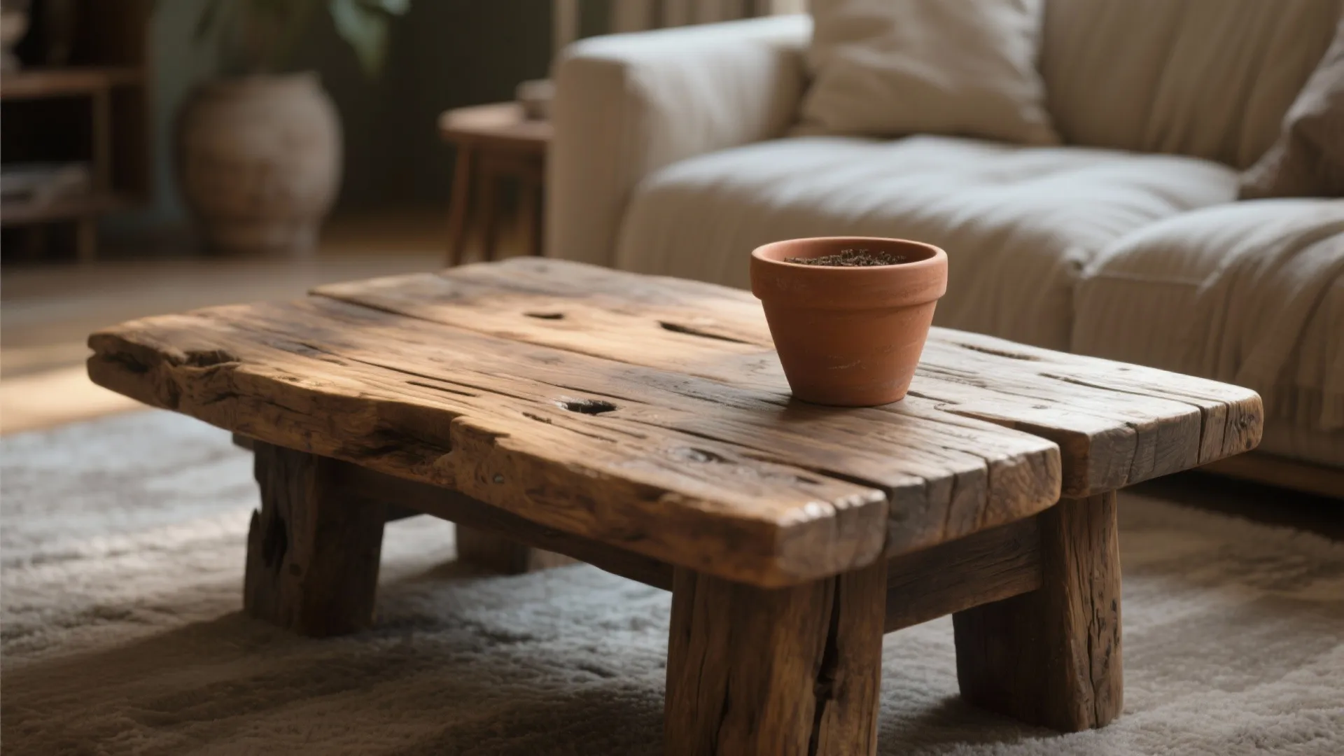 Close-up of rustic wooden coffee table texture