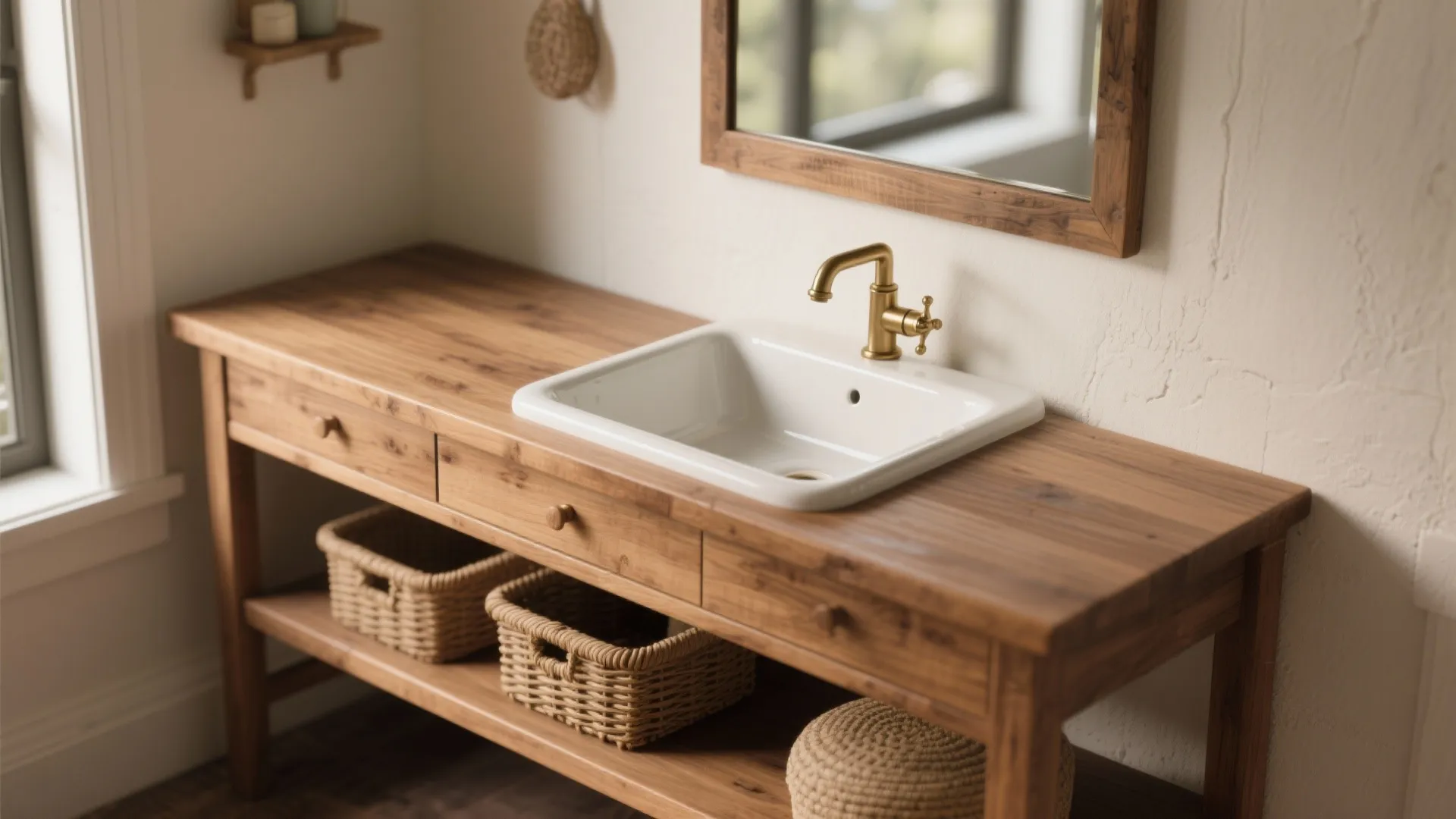 4. Integrated wooden console with small apron sink