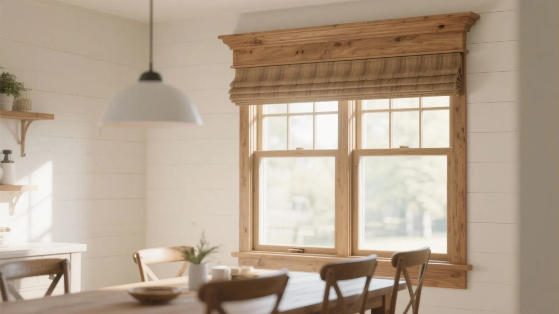 Bright dining area with wooden table, chairs, large window featuring a wooden frame and brown blind