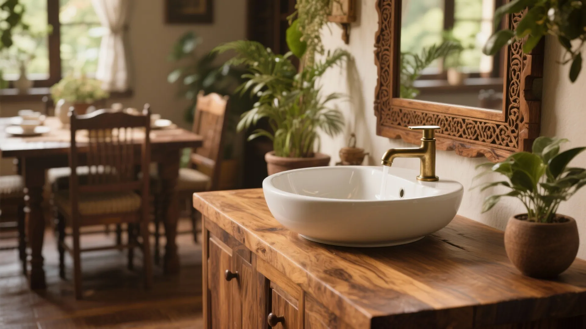 Round white wash basin on a wooden cabinet with gold tap and carved wooden mirror