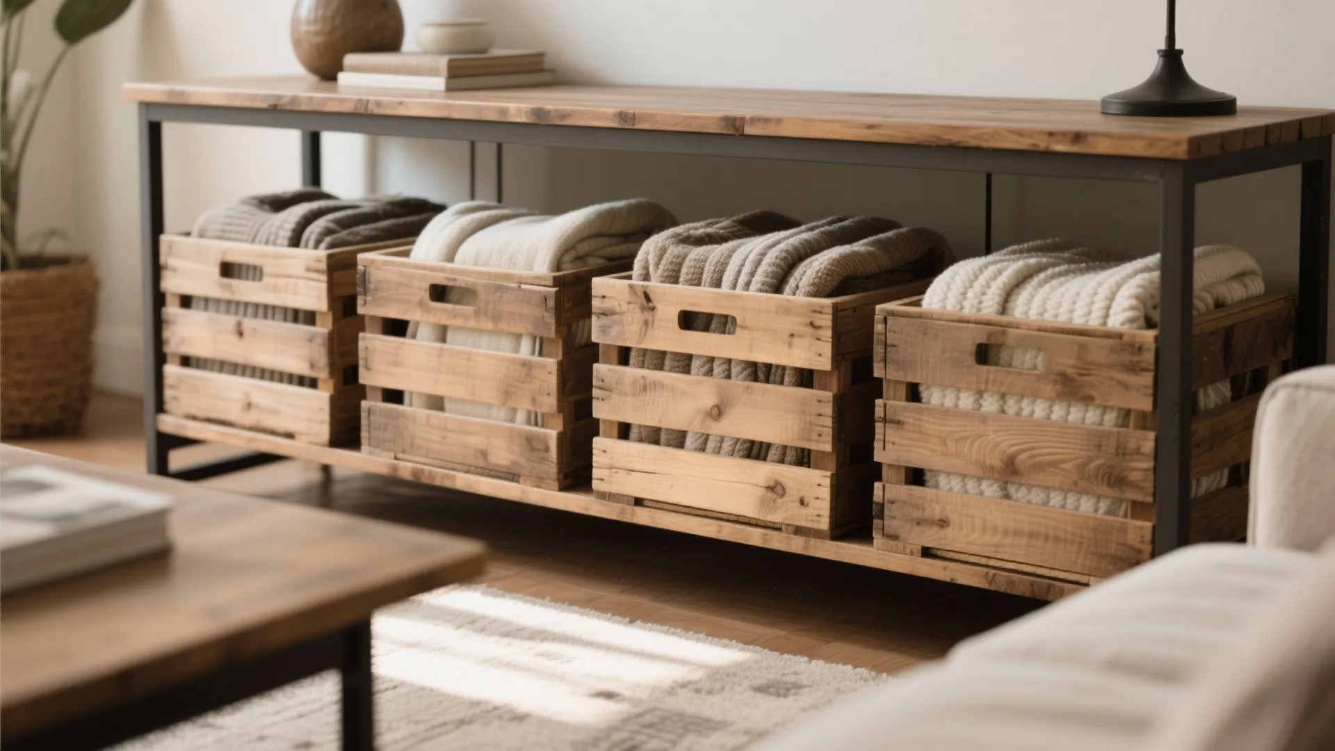 Decorative wooden crates used for storing blankets