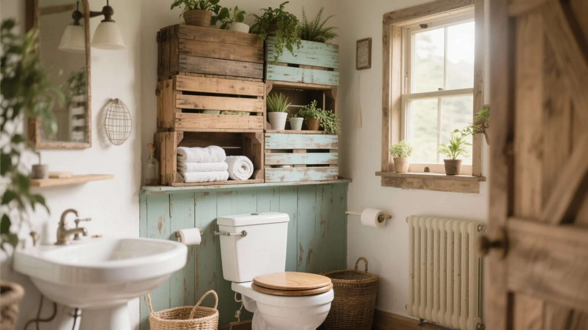 Rustic bathroom with wooden crates for wall storage plus white toilet and green wall panel