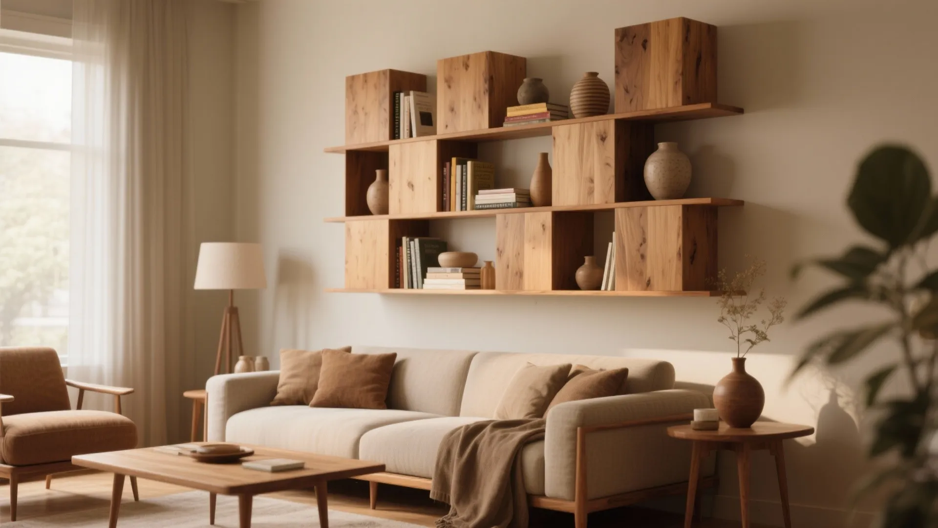 Solid oak cube shelves bringing warmth to a living room