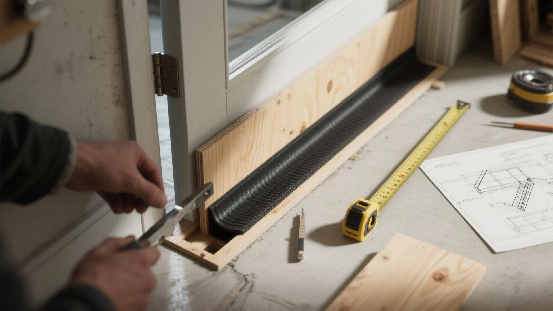 Top-down view of a removable marine plywood dam with neoprene gasket being fitted into a recessed threshold channel.
