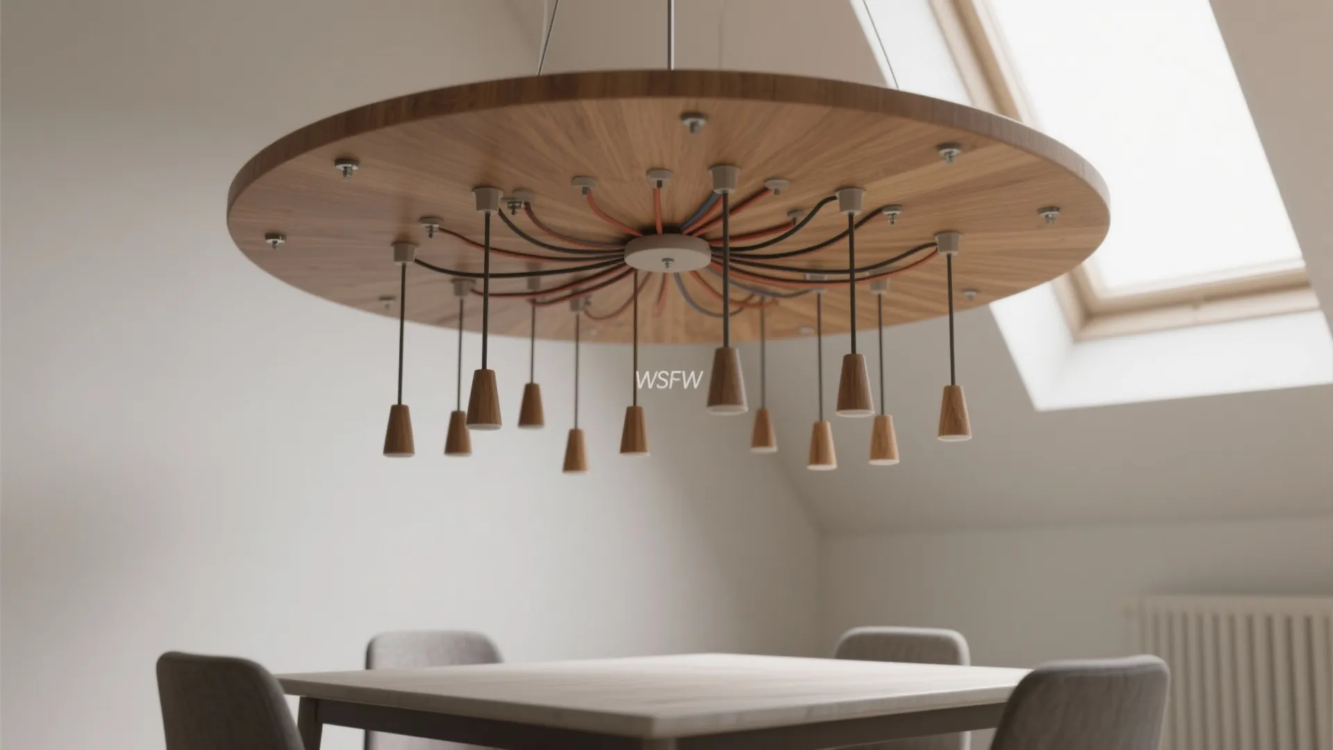 Modern round wooden ceiling light hanging above a dining table in a bright attic room