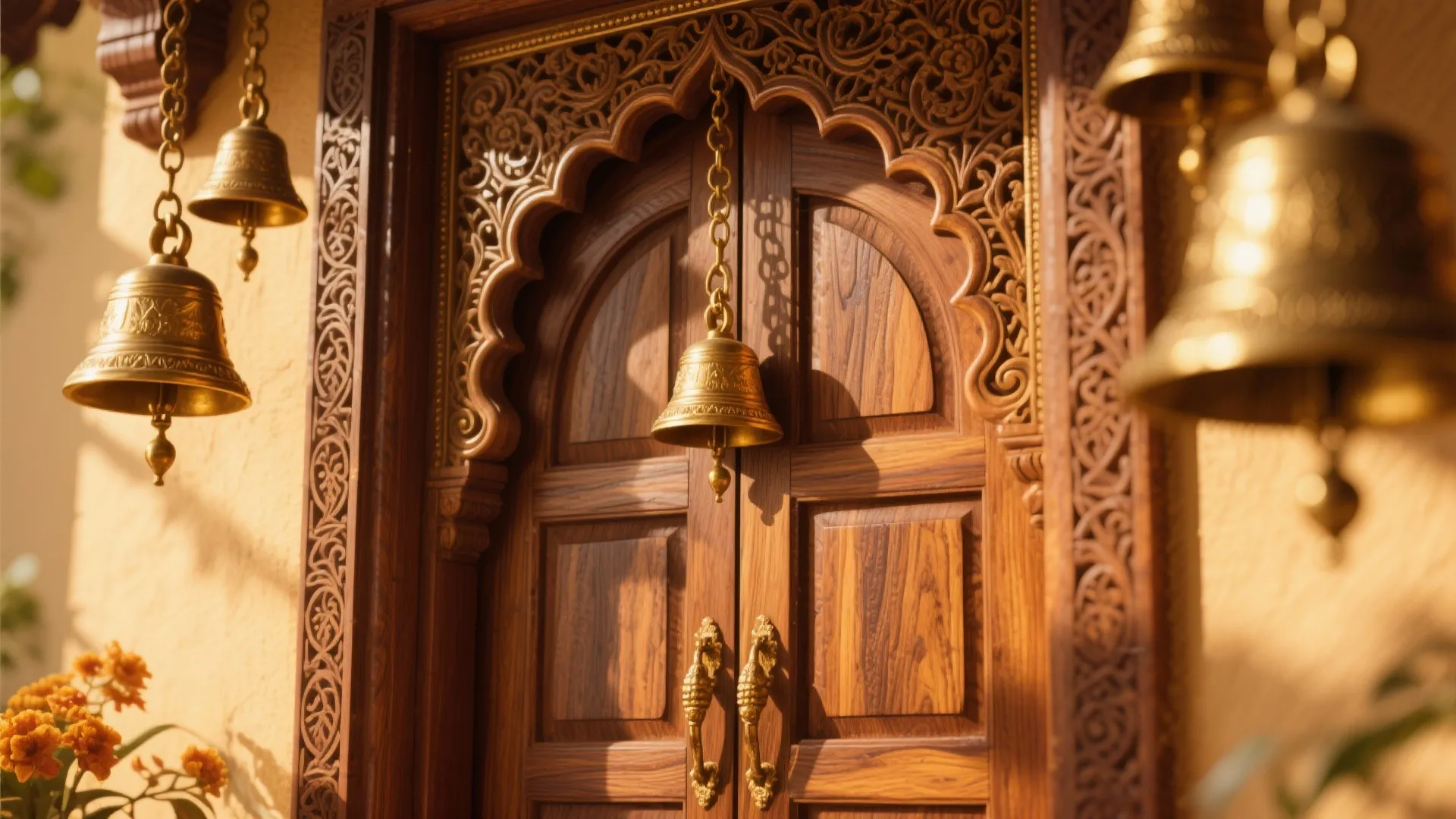 Ornate Wooden Frames with Hanging Brass Bells