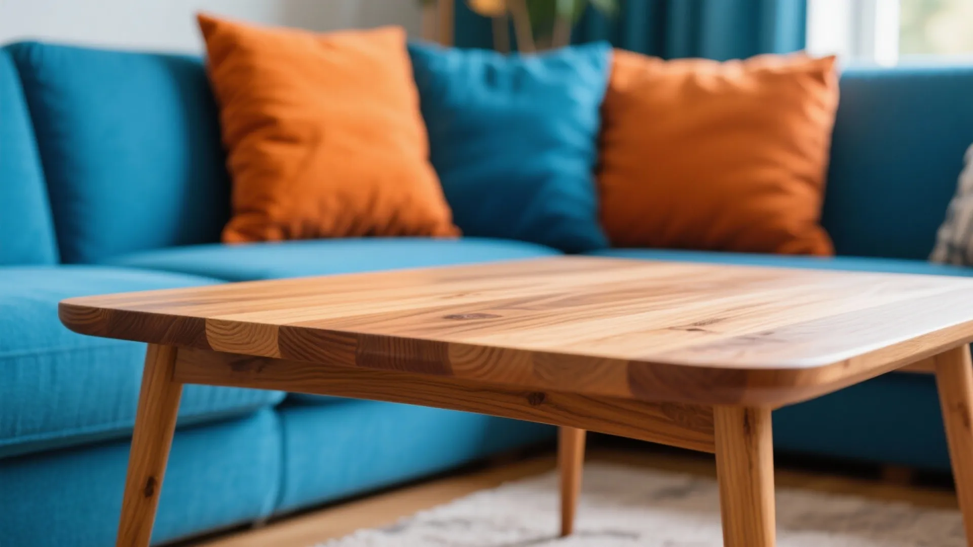 Light wood coffee table in front of a blue sofa with orange and blue pillows