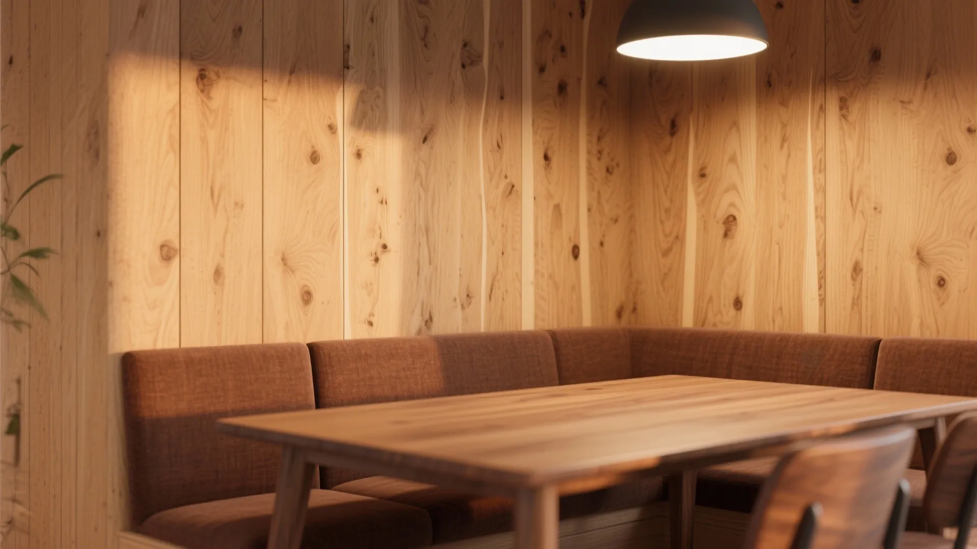 Dining area with wooden table brown sofa wall paneling warm ceiling light and cozy atmosphere
