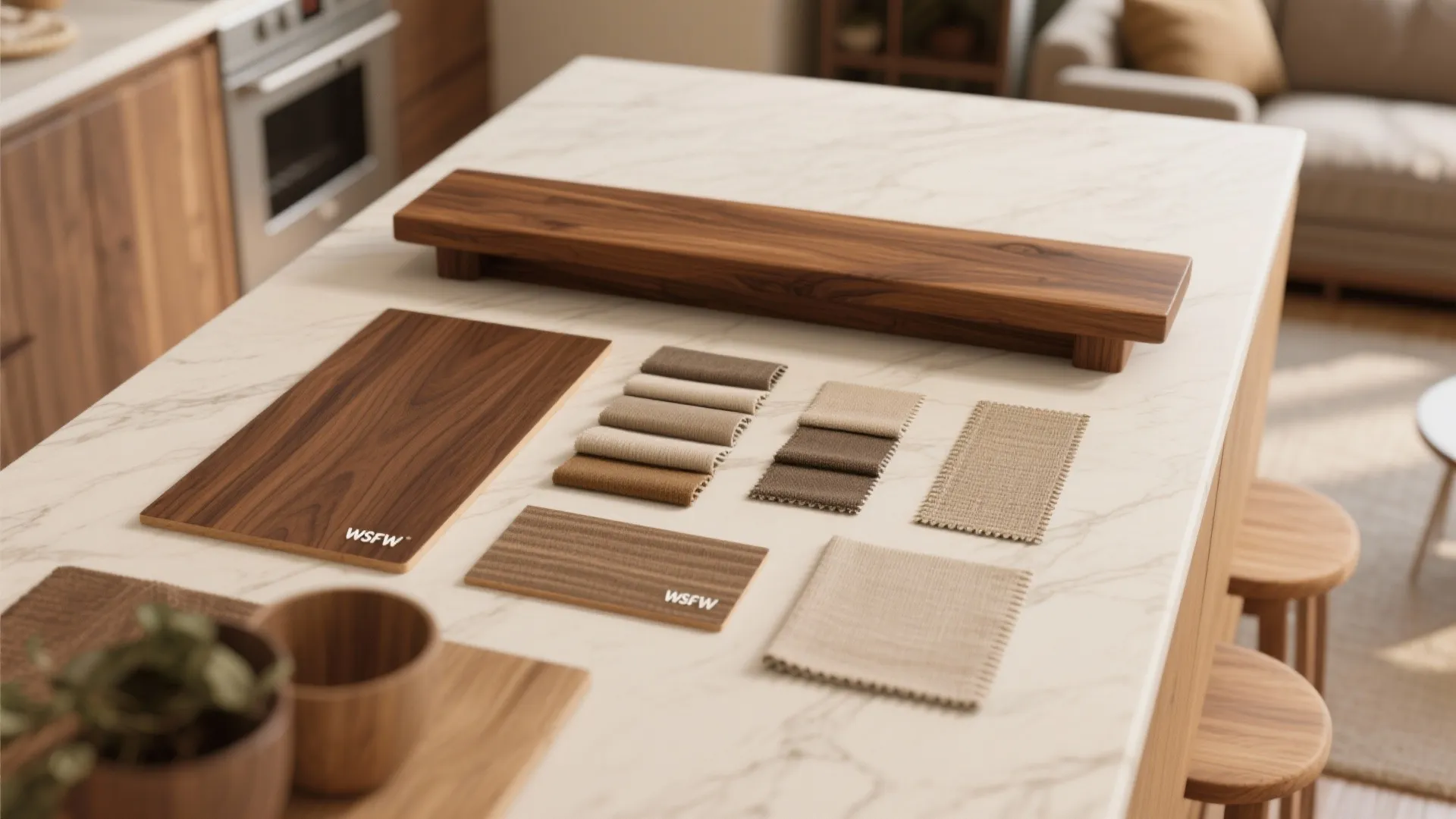 Flat lay of wooden elements and textures for interiors