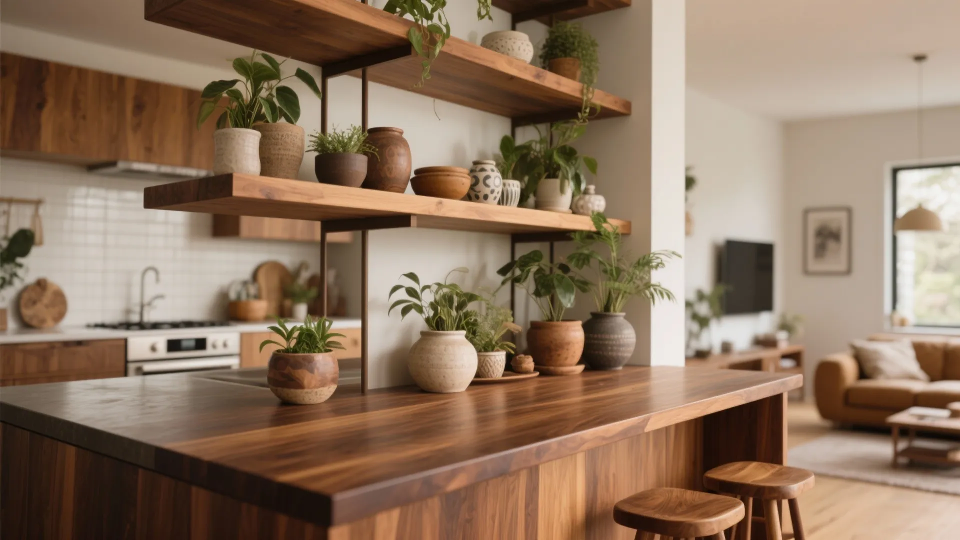 Wooden kitchen island with small green plants on open shelves near living room and sofa