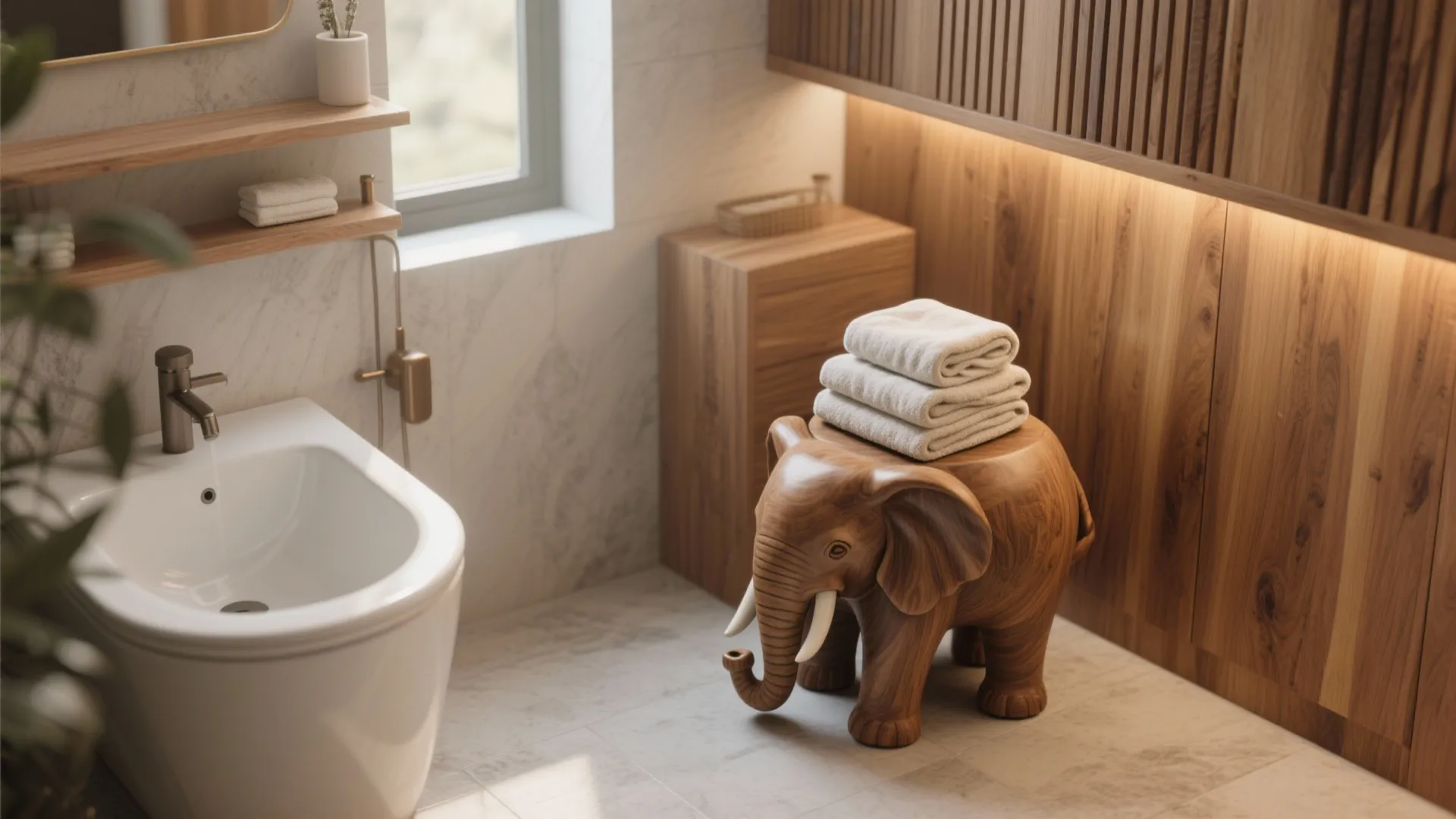 Bathroom corner with sculpted wooden elephant stool and towels