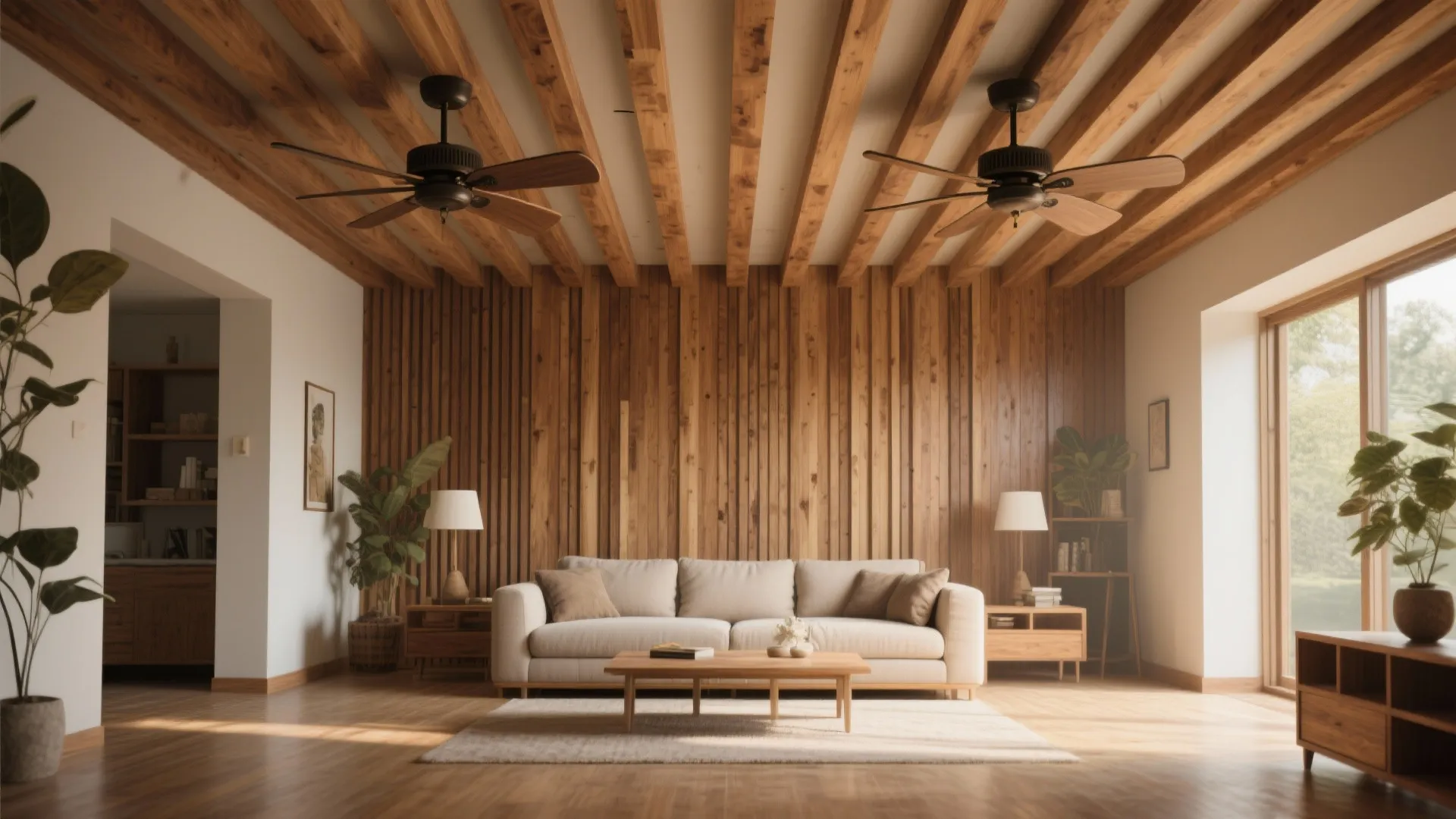 Warm living room featuring wood wall panel design with two wooden ceiling fans and plants