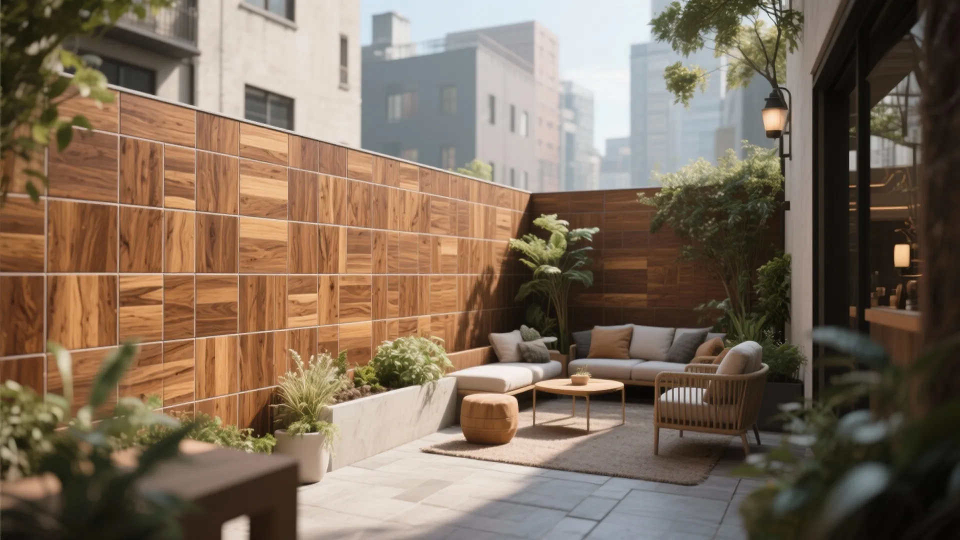Modern outdoor patio area with wooden wall panels comfortable sofa coffee table and green potted plants