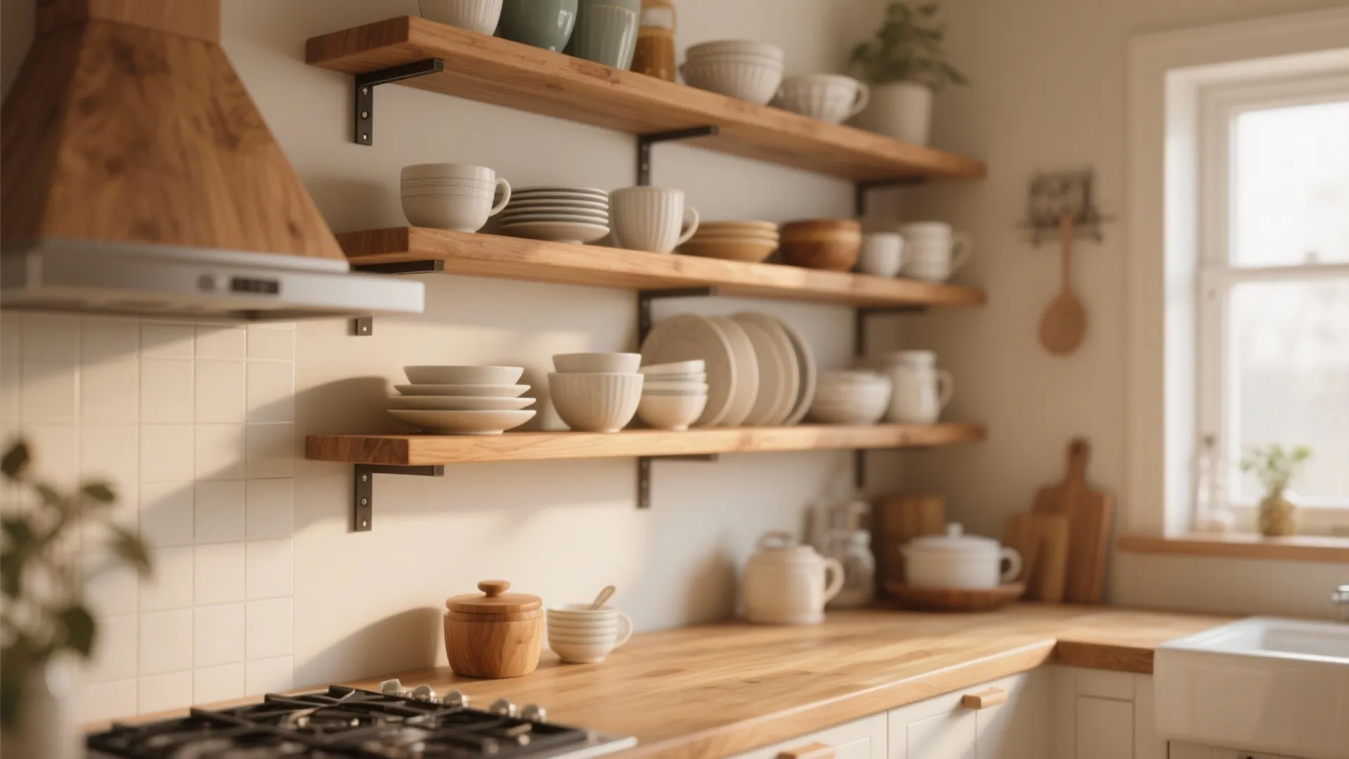 Floating oak shelves used for crockery in a warm kitchen design