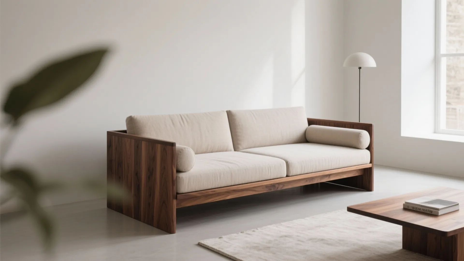 Walnut sculptural daybed frame in a minimalist living room