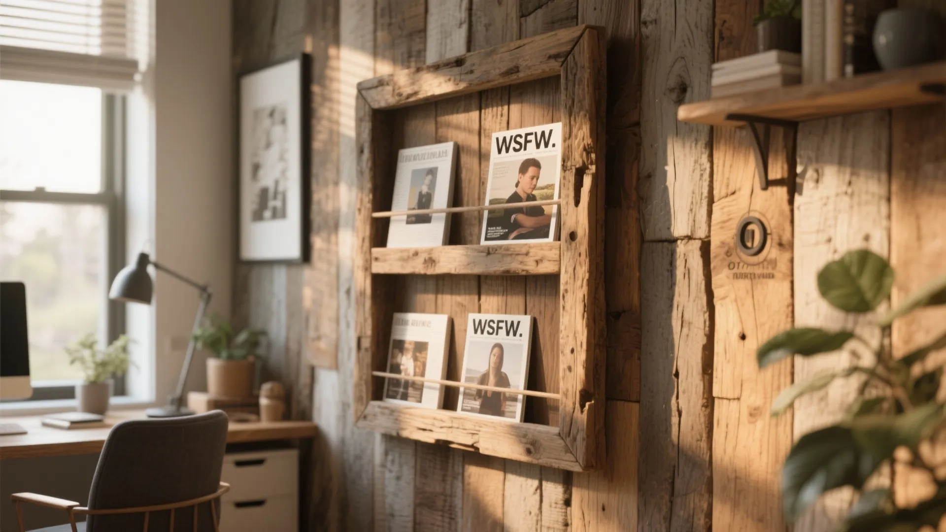 Rustic wooden wall shelf holding magazines in a home office with a desk and lamp