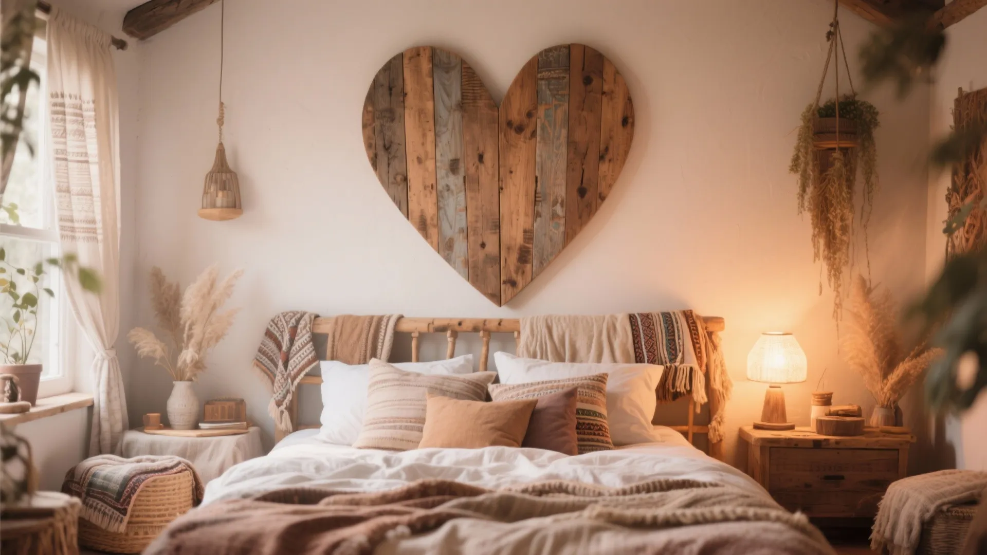 Reclaimed pine heart used as headboard in boho bedroom