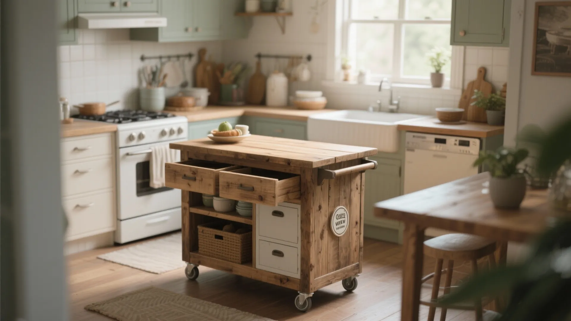 Small kitchen with rustic rolling island cart