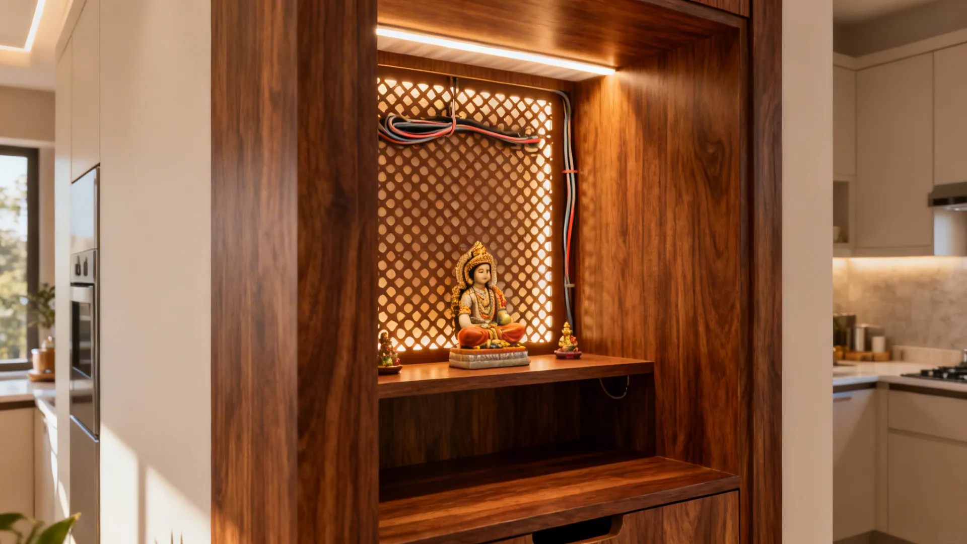 Warm wooden pooja alcove with a backlit jaali panel and soft 3000K lighting.