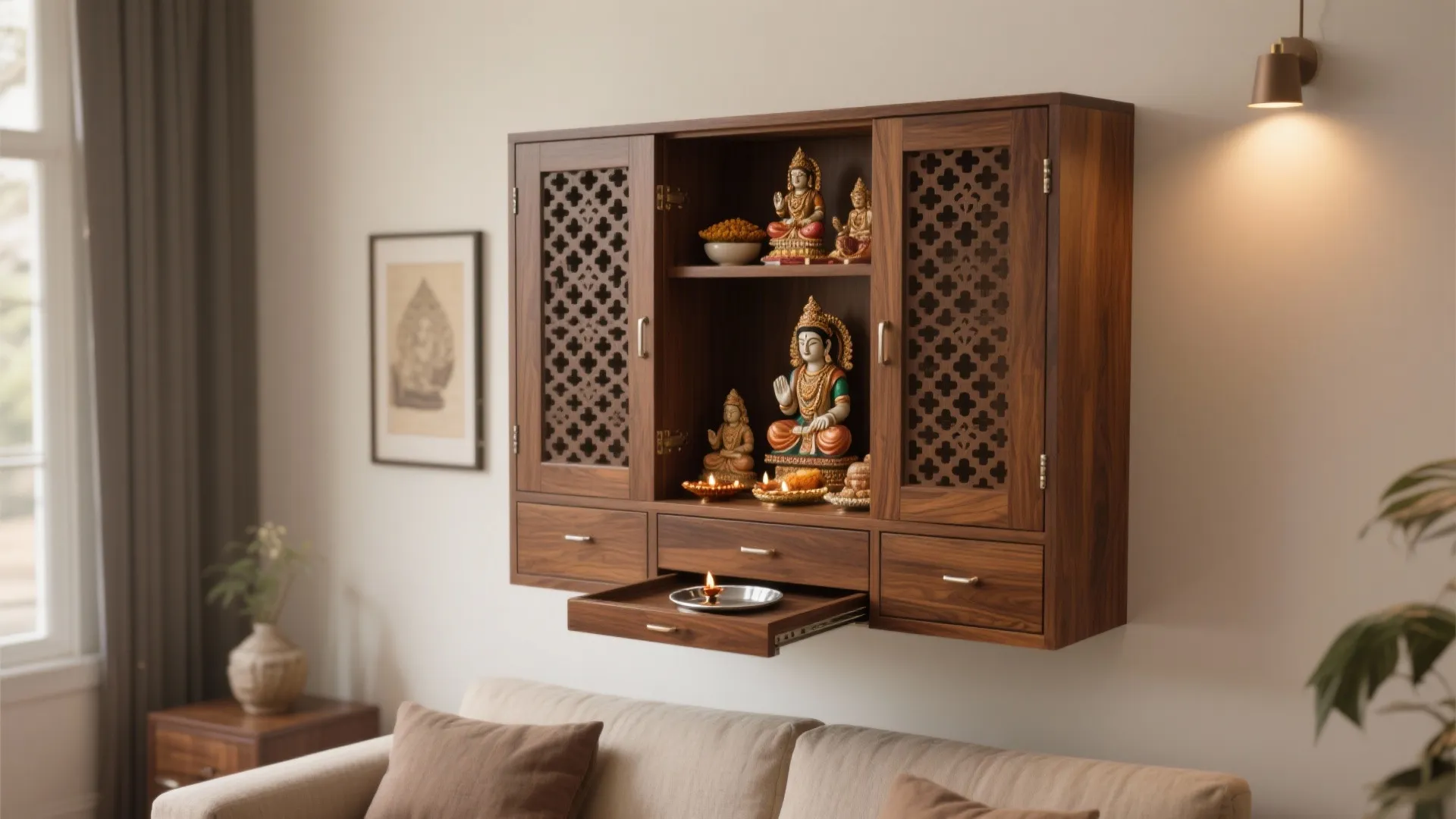 Wall mounted dark wood cabinet with decorative doors holding small statues above a beige sofa