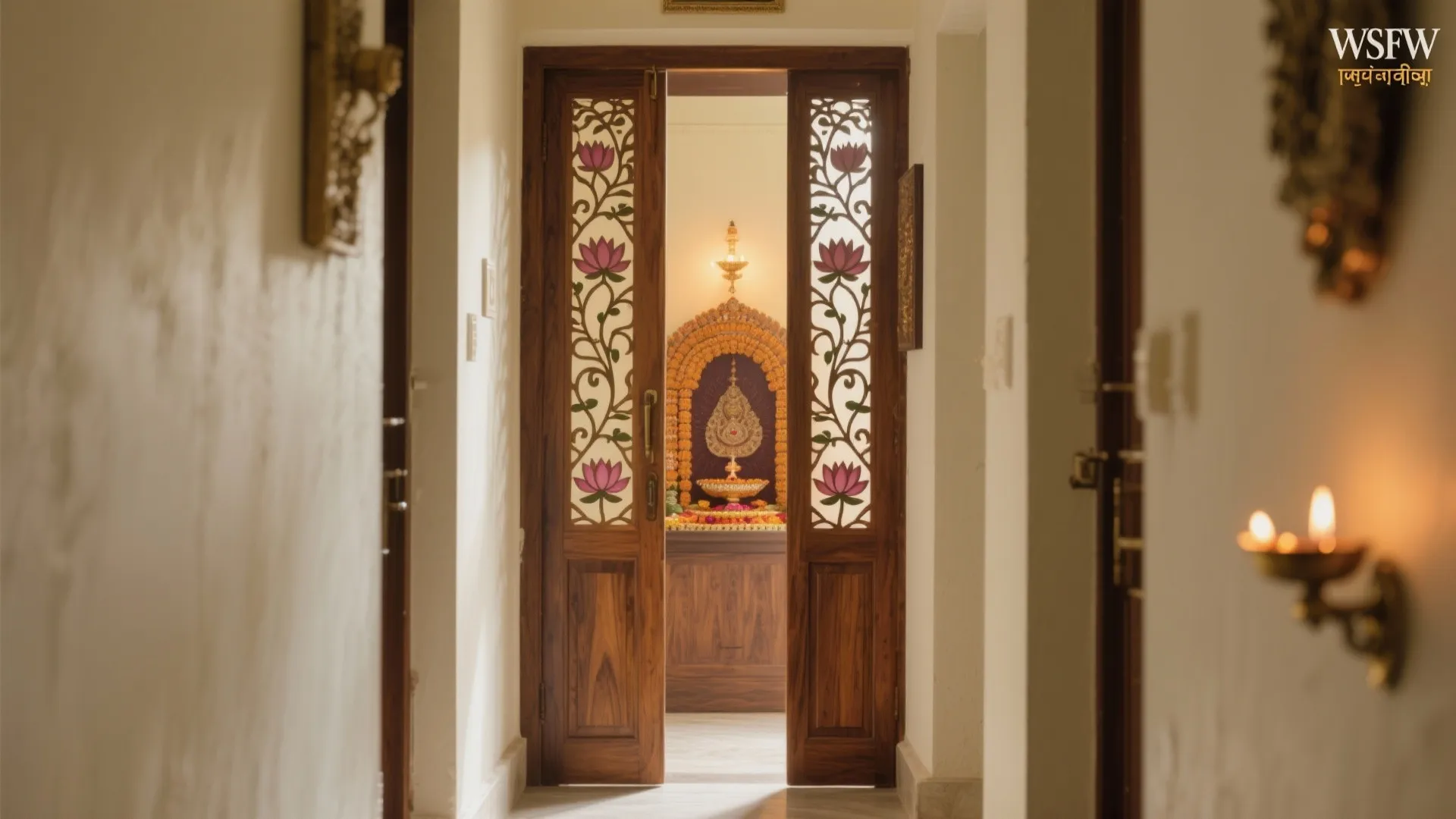 Wooden door with pink floral patterns opening to a room with a bright golden prayer altar