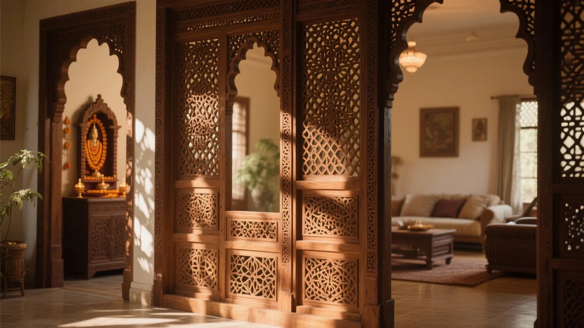 Intricate carved wood partition screen looking into a traditional living room with sofa and ceiling light