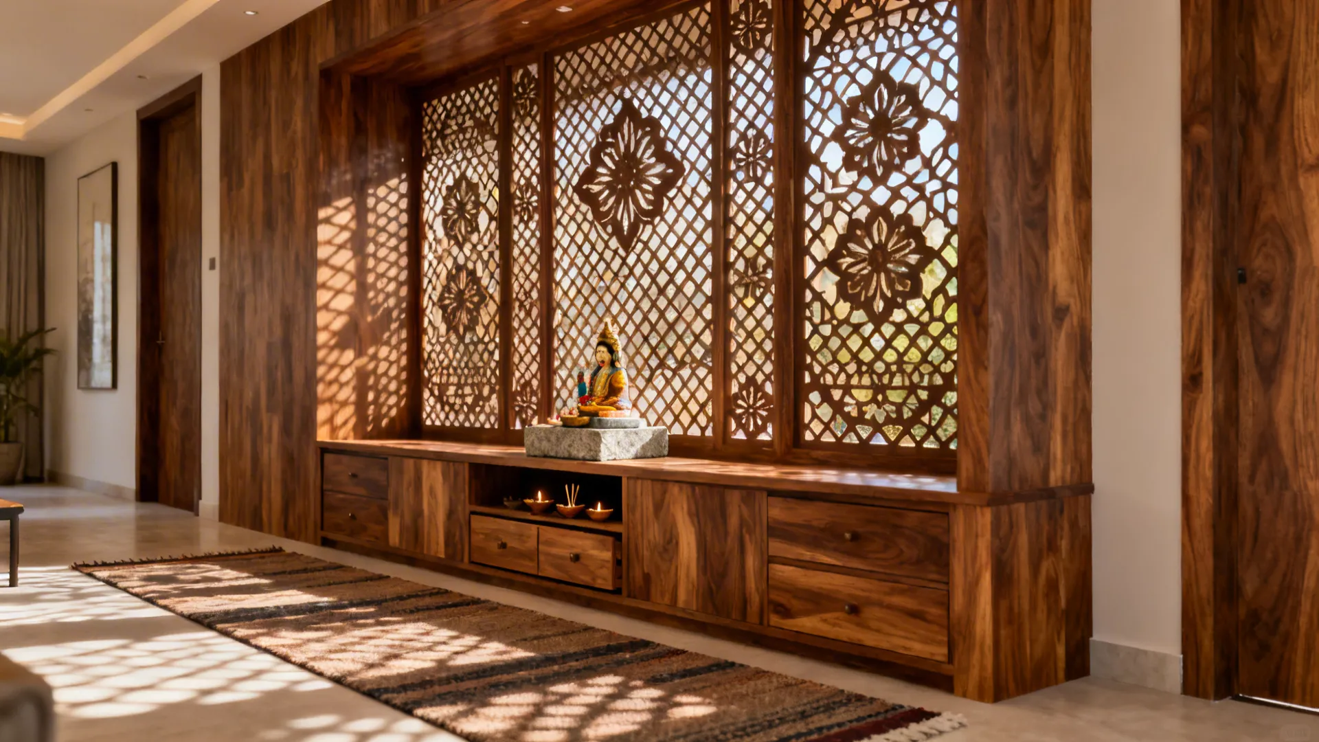 Teak-tone wooden jaali screen with a low credenza creating a pooja corner.