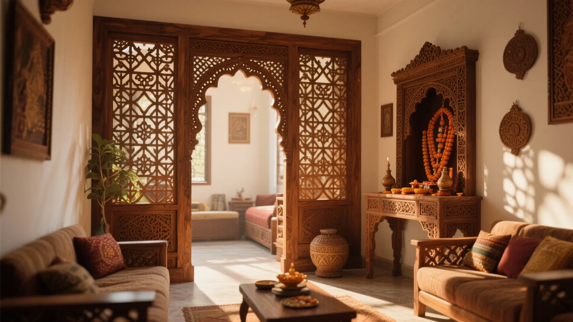 Living room featuring a decorative wooden screen wall and a small altar with flower decorations