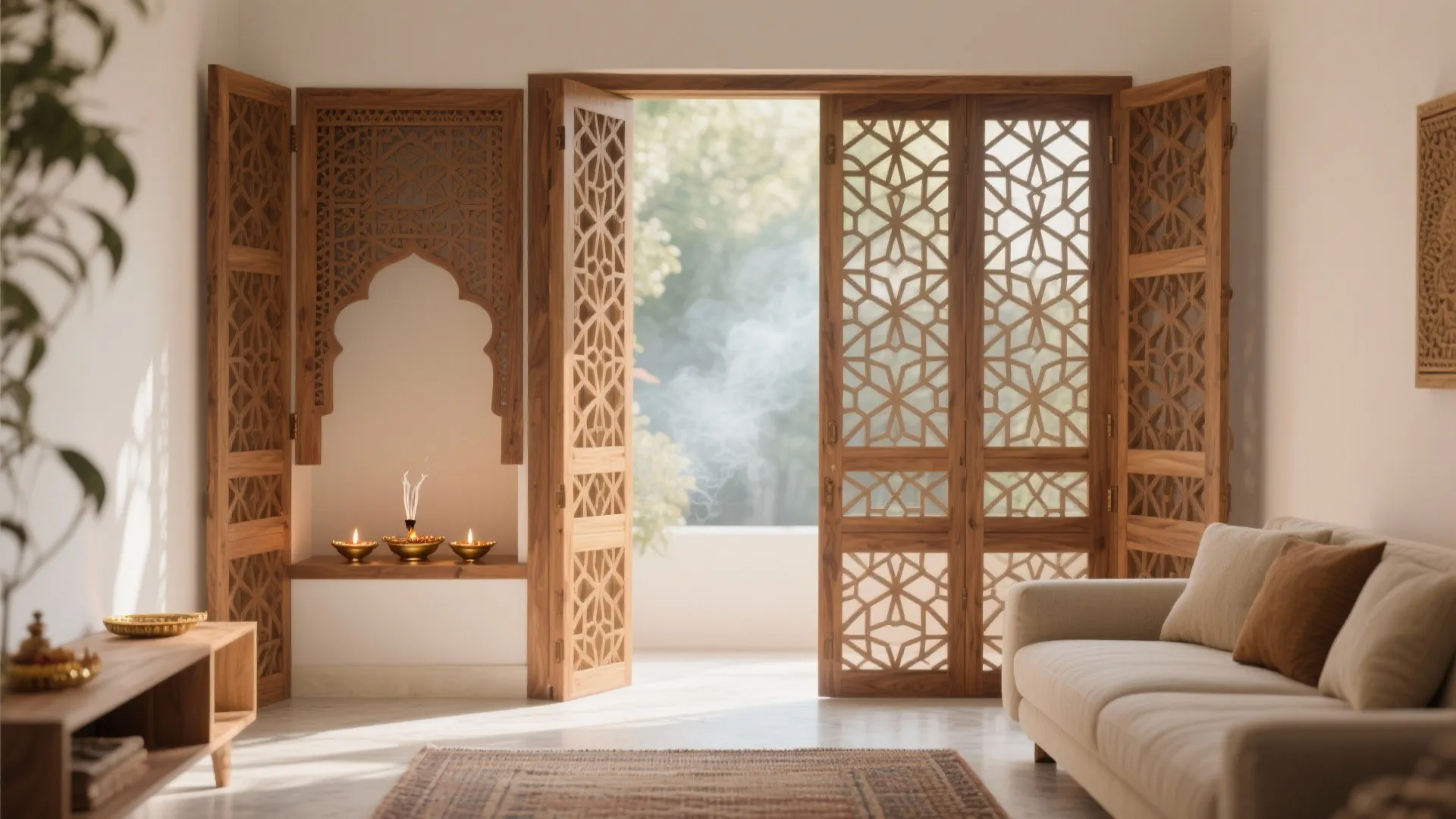 1) Minimal wooden jali partition