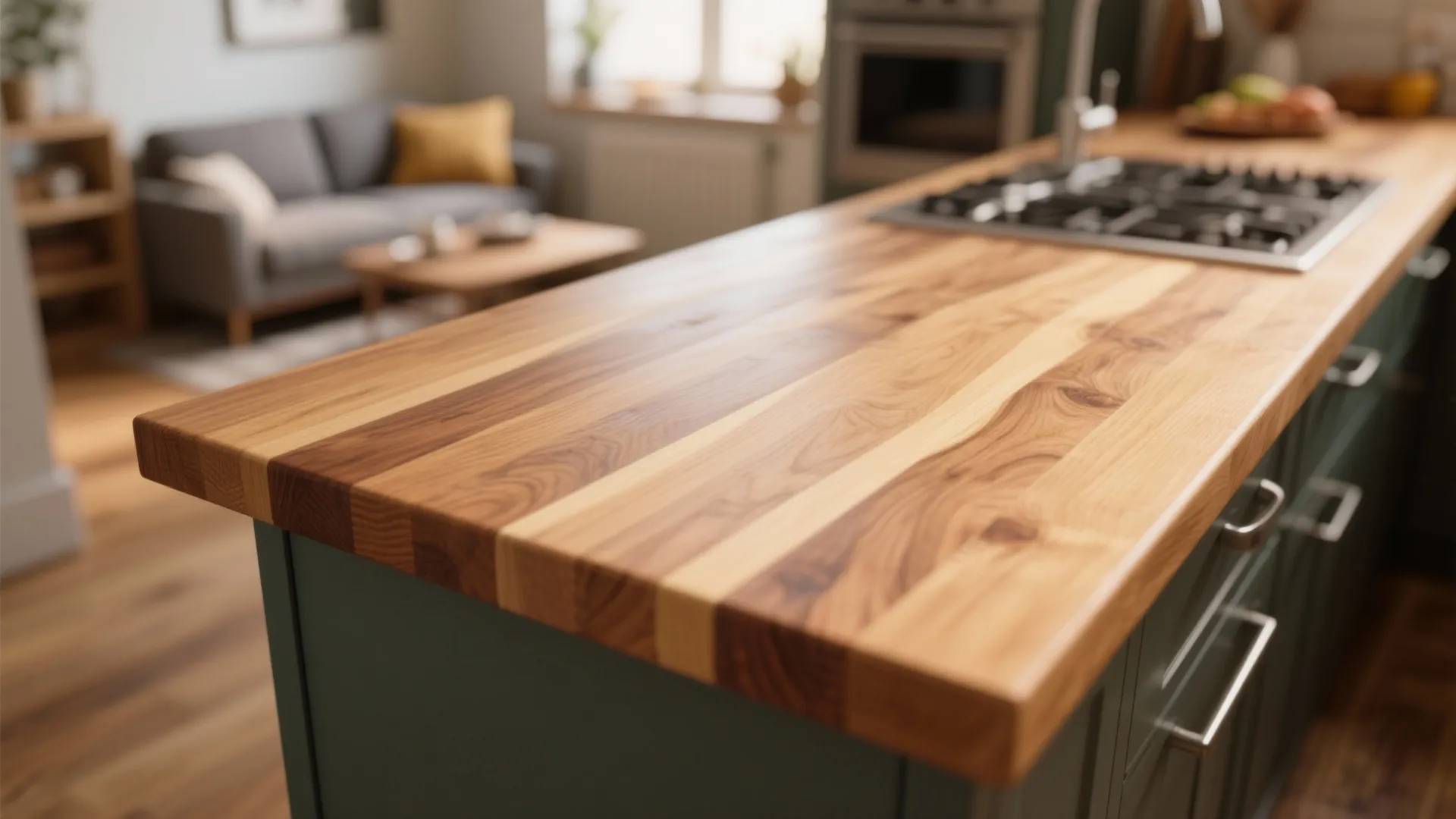 Close up of smooth natural wood kitchen island countertop with grey sofa in the blurry background