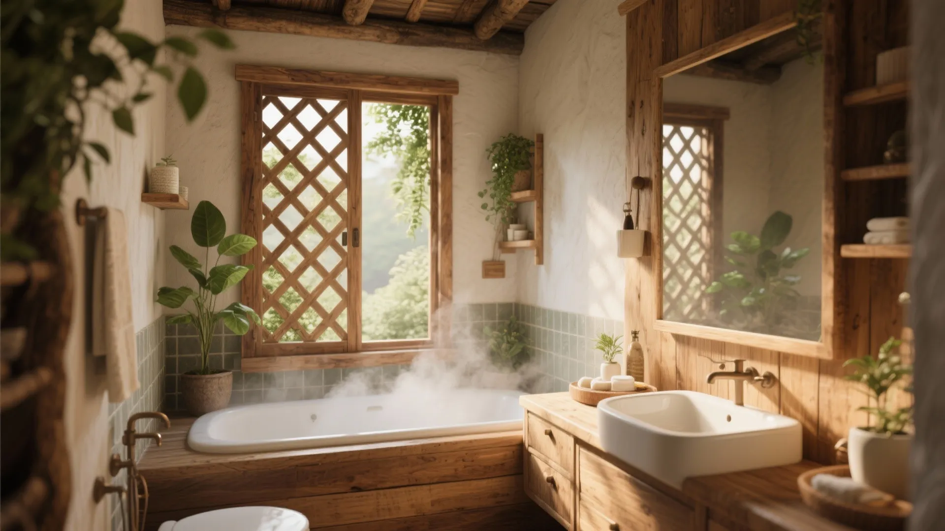Rustic bathroom with wooden window lattice and a bathtub surrounded by plants and natural light