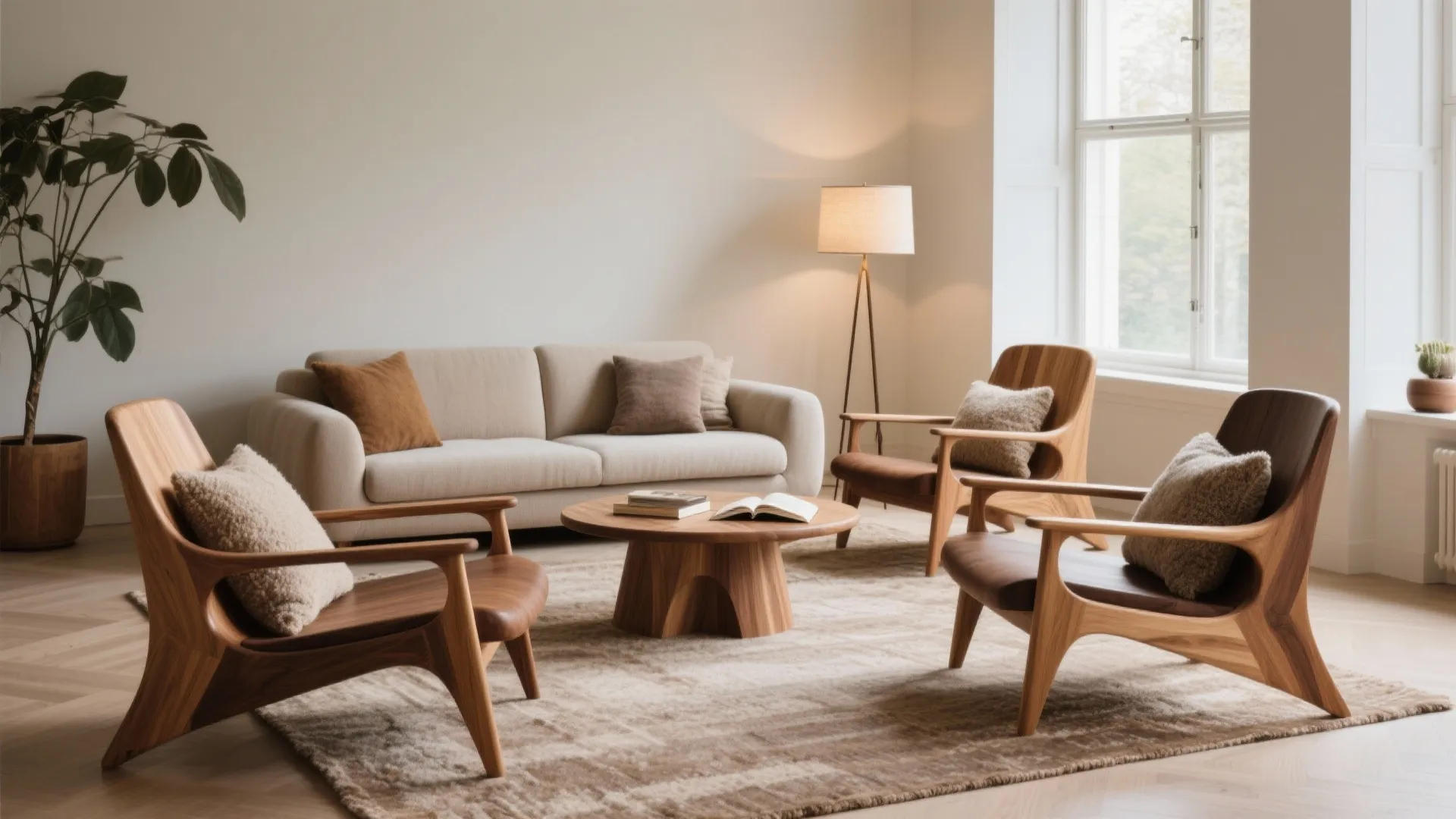 Modern living room with beige sofa wooden chairs round coffee table floor lamp and large windows