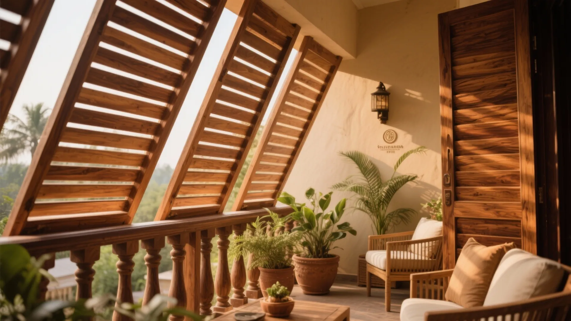 Sunny balcony with wooden wall panels and chairs surrounded by green potted plants and sunlight