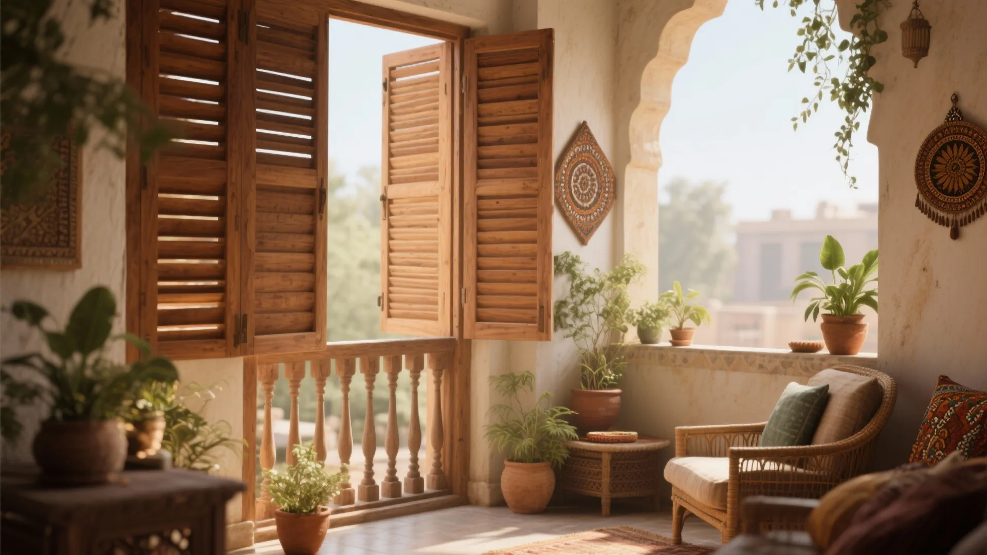 Traditional balcony with open wooden window shutters featuring a wicker chair and various green potted plants