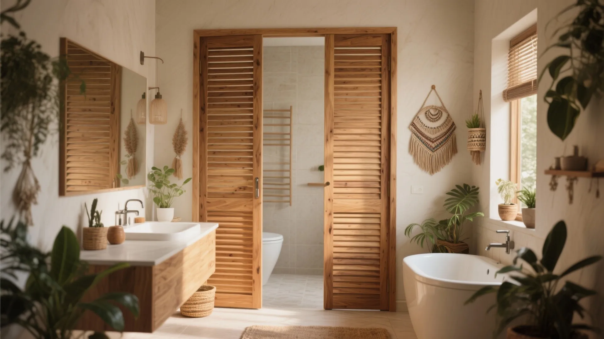 Bohemian bathroom interior featuring double wooden slatted doors white bathtub vanity sink and many plants