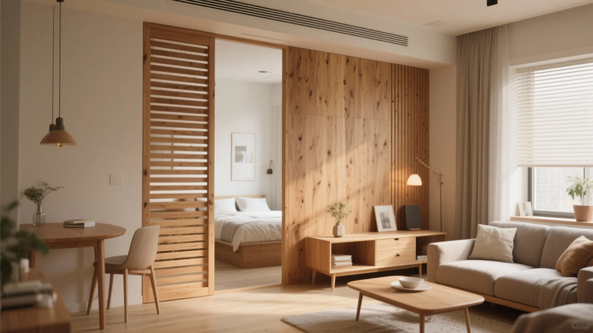 Living room with wood wall panel sliding door leading to bedroom with white bed sheets