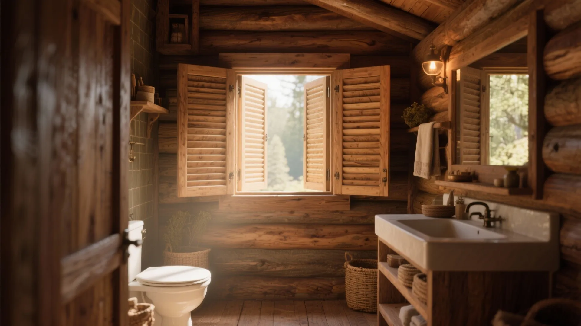 Rustic bathroom with wooden walls featuring open louver windows that let in bright natural light