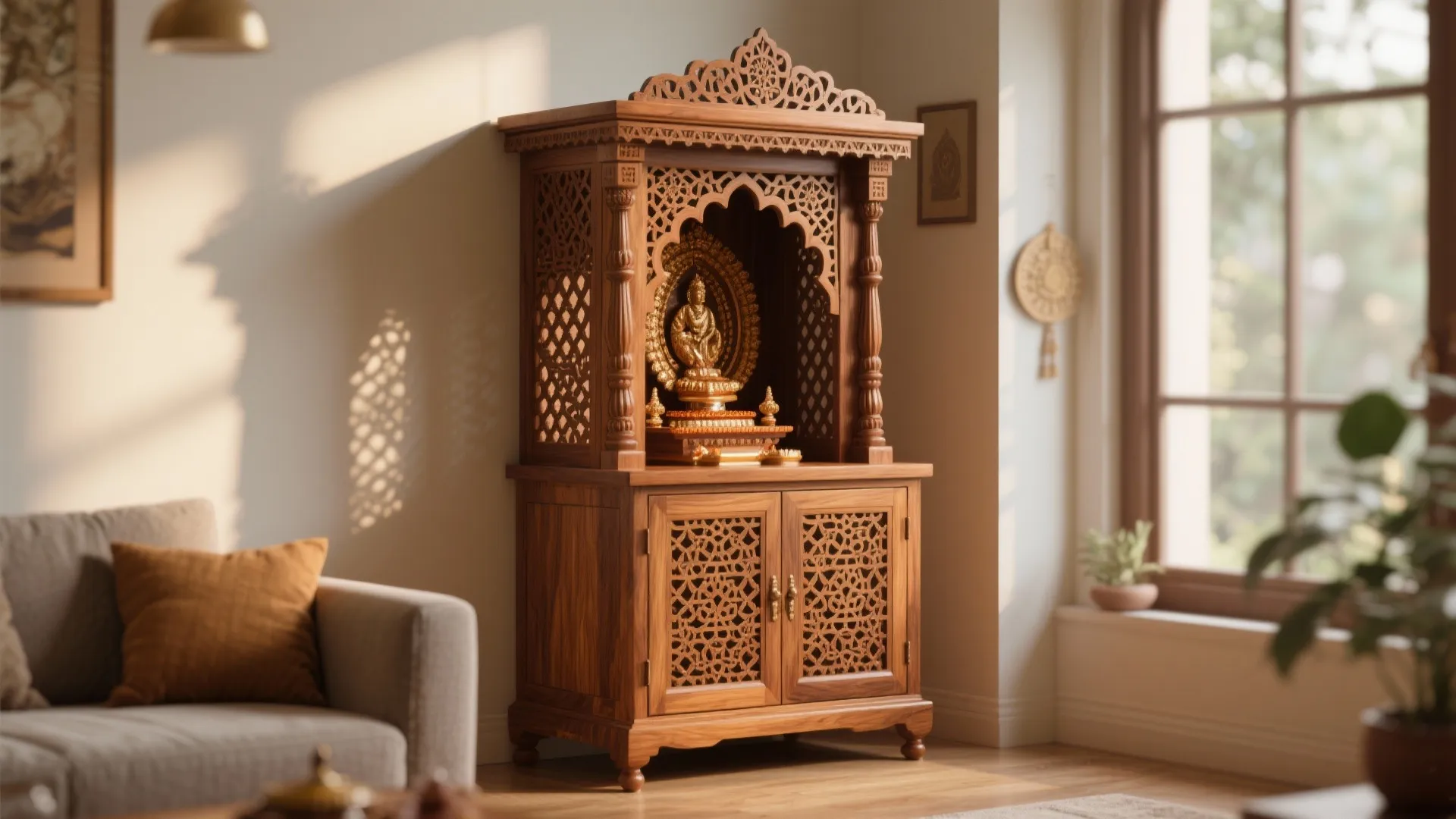 Traditional wooden prayer cabinet with intricate carvings and golden statue in a bright living room