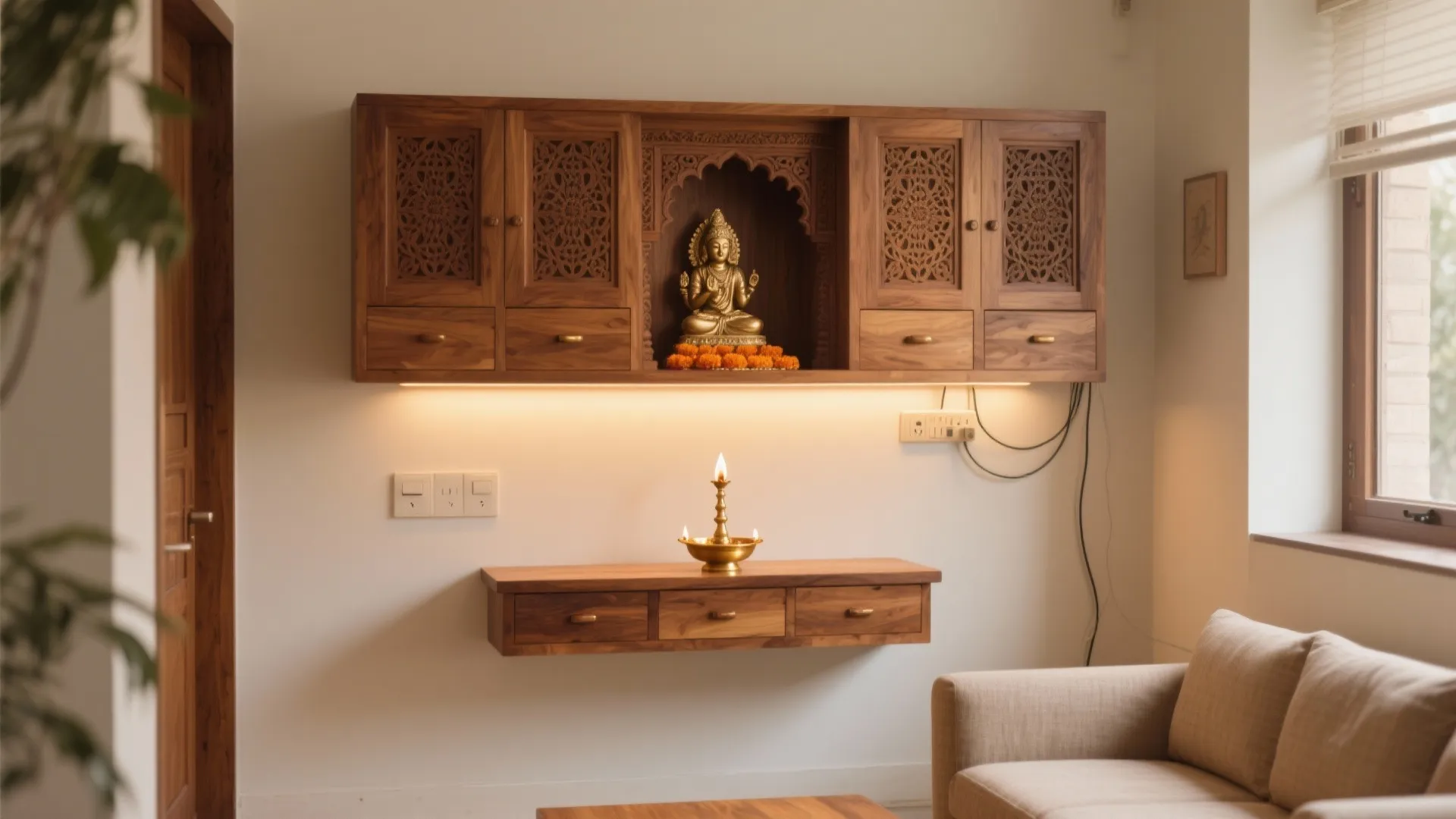 Wall mounted wooden cabinet with a gold statue and small light fixture on white wall