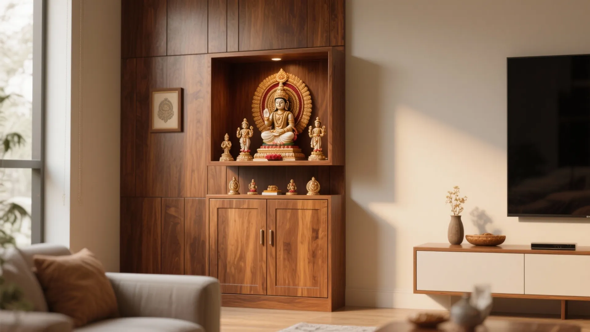 Minimal Mandir with Wooden Paneling