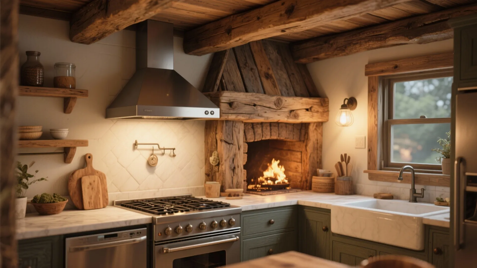 Rustic kitchen featuring wooden ceiling beams stove hood fireplace with fire and green lower storage cabinets